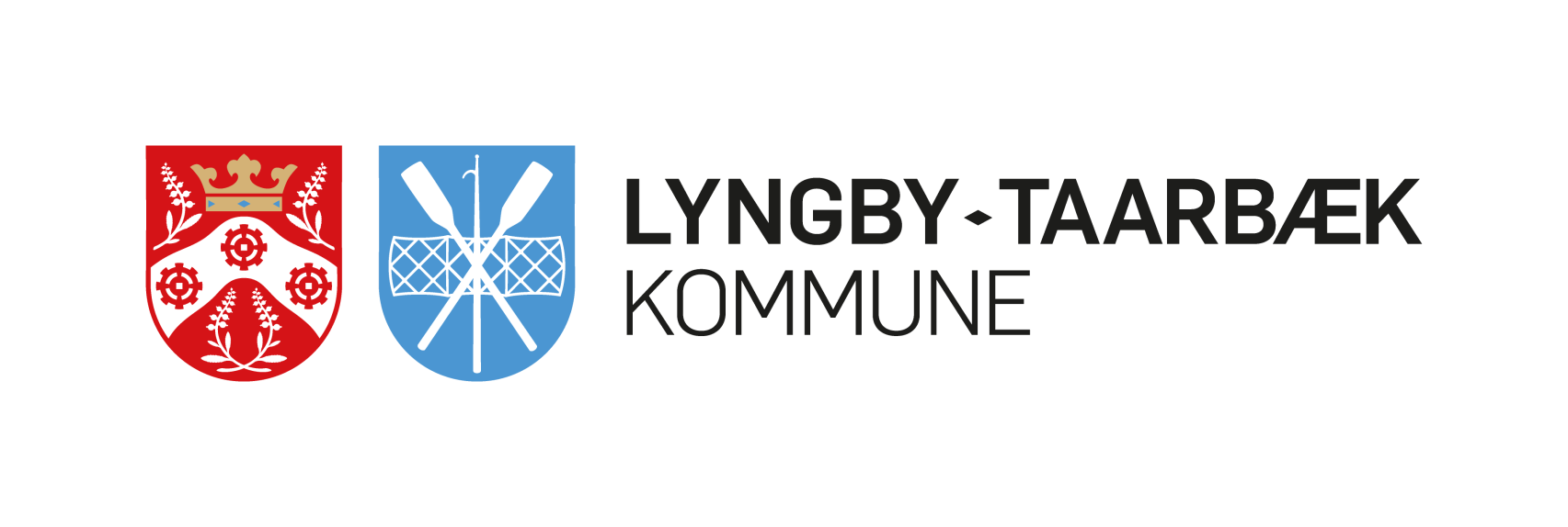 Lyngby-Taarbæk Kommunes logo bestående, fra venstre mod højre, af byvåben fra Kongens Lyngby, byvåben fra Taarbæk og til sidst navnetrækket