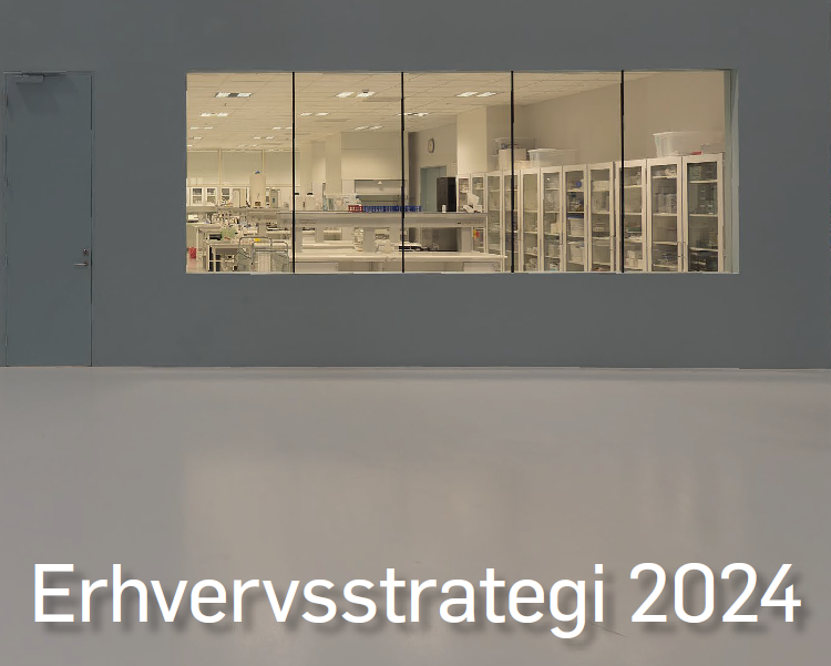 Billede af et laboratorie med overskrift Erhvervsstrategi 2024